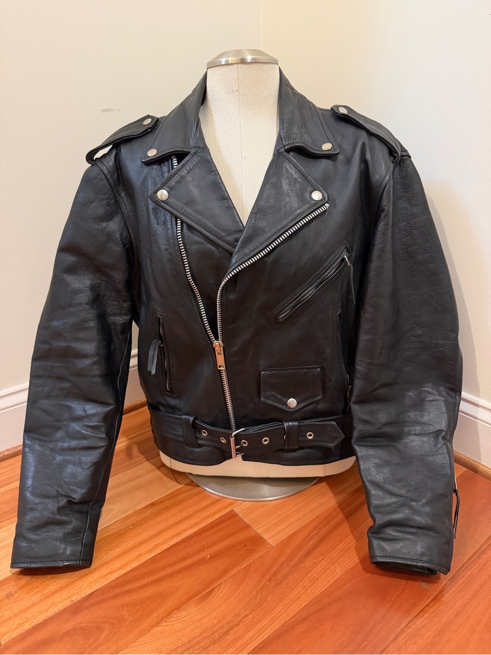VTG 90s Unik Black Leather Moto Bomber Jacket with Belt